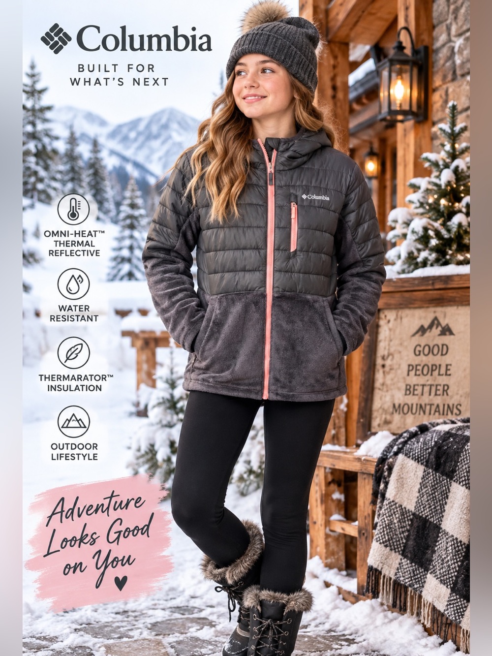 Columbia Girls XL 18/20 Powder Lite Omni Heat Hooded Puffer Jacket Gray Pink